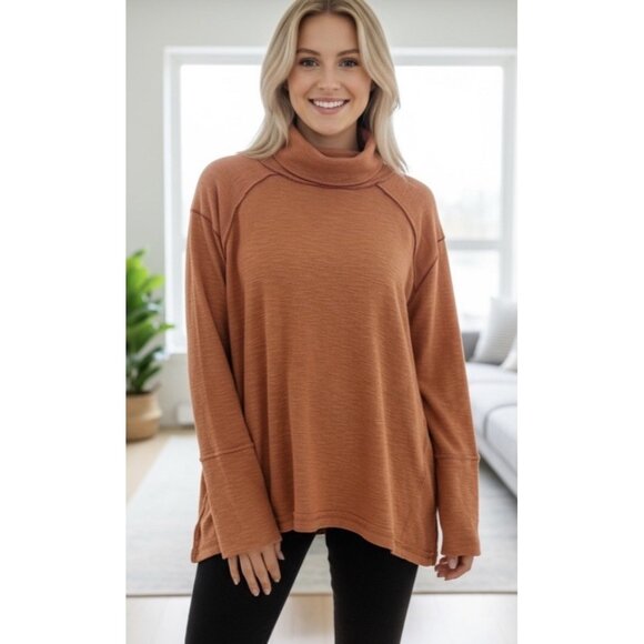 We The Free X Free People Orange Long Sleeve Split Back Turtleneck Top SZ Medium - Picture 1 of 10
